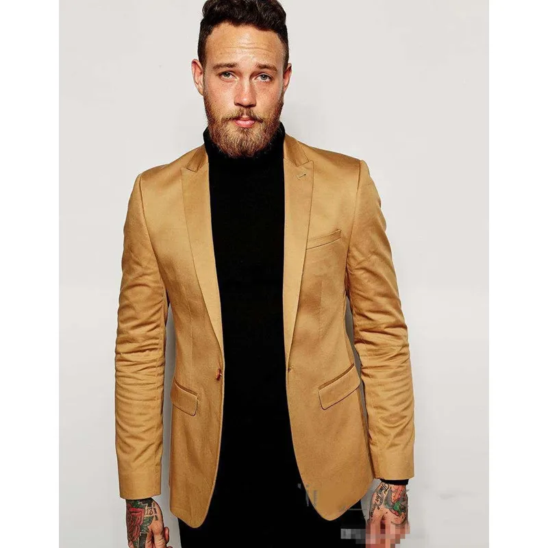 348 (1)Gold Blazer Slim Fit Tuxedo Suits For Groom Groomsmen Peaked Lapel Wedding Suits Custom Made Prom Mens Suits with Black Pants