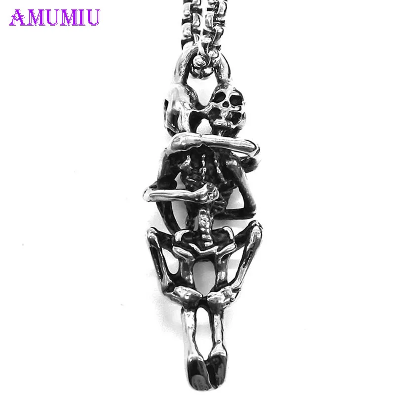 AMUMIU Pendant Necklaces Horror Hollow Two Skull Bone Hug Couple For Women Men Silver Color Stainless Steel Punk Style P008
AMUMIU Pendant Necklaces Horror Hollow Two Skull Bone Hug Couple For Women Men Silver Color Stainless Steel Punk Style P008