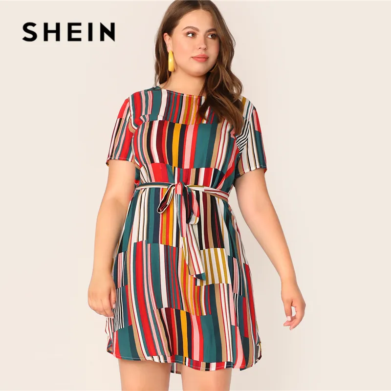 

SHEIN Plus Size Colorblock Belted Curved Hem Dress 2019 Women Summer Multicolor Casual Striped High Waist Dresses With Belt