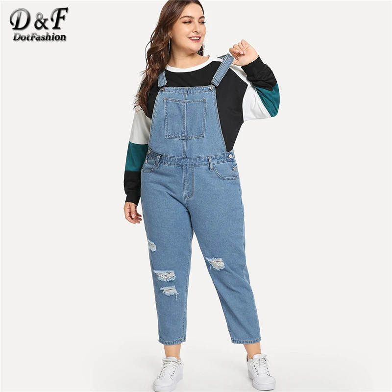 

Dotfashion Plus Size Blue Rips Detail Denim Jumpsuits For Women 2019 Clothing Autumn Casual Plain Female Spring Fashion Overalls