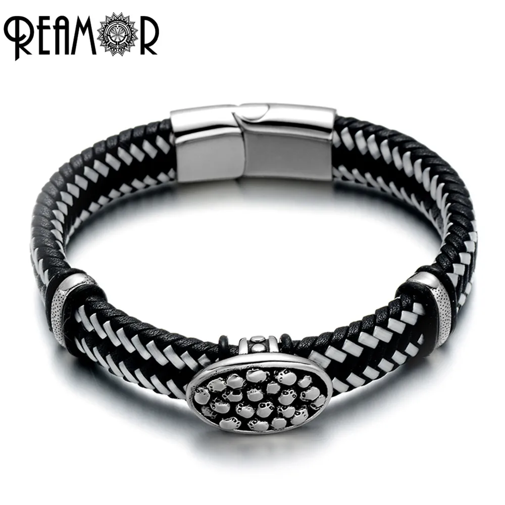 REAMOR Mixed Black and White Genuine Leather Braided Men Bracelet Jewelry Punk Skull Pattern Charm Bracelet Male Cuff Bangles
REAMOR Mixed Black and White Genuine Leather Braided Men Bracelet Jewelry Punk Skull Pattern Charm Bracelet Male Cuff Bangles