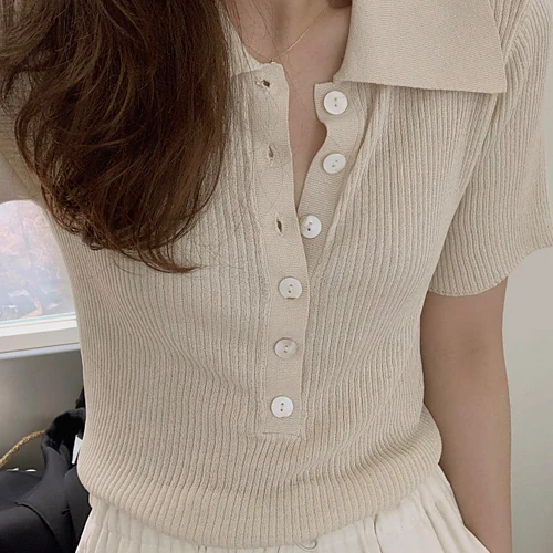 Women Summer Knitted Shirts Short Sleeve Button Turn Down Collar Female T-shirt Tee Femme Women's Mujer Vestidos Robe Femme
Women Summer Knitted Shirts Short Sleeve Button Turn Down Collar Female T-shirt Tee Femme Women's Mujer Vestidos Robe Femme