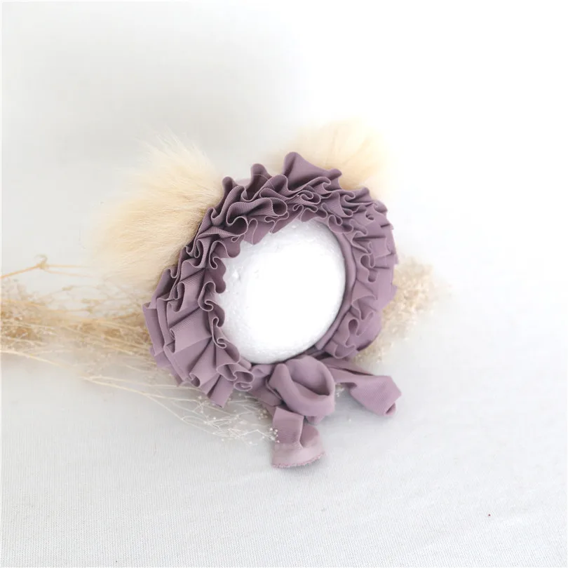 

Baby Mauve Hat Cute Double Pom Hat Newborn Bear Bonnet Fuzzy Animal Cap Infant Bonnet Photography Props Baby Photo Shoot