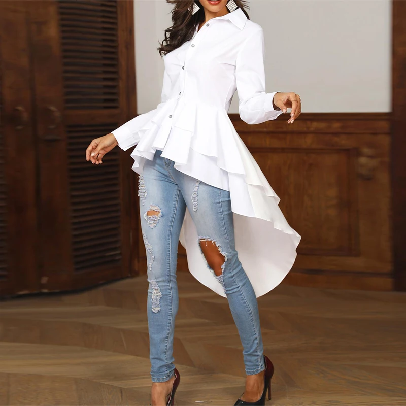 2019 Women Casual Button Turn-down Collar Flouncing Ruffles Asymmetric Hem Slim Tops Blouse Shirt
2019 Women Casual Button Turn-down Collar Flouncing Ruffles Asymmetric Hem Slim Tops Blouse Shirt