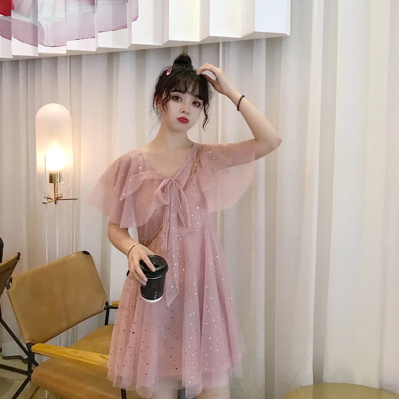 mesh summer sweet style Women's Clothing bow v-neck ruffles short dresses blingbling perspective dress woman fashion brands
mesh summer sweet style Women's Clothing bow v-neck ruffles short dresses blingbling perspective dress woman fashion brands