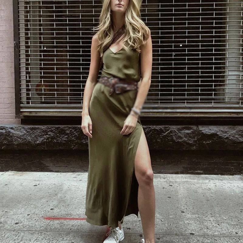 New Women Slip Satin Vocation office dress V-Neck Backless Sleeveless Spaghetti Straps army green Maxi beach holiday Dresses
New Women Slip Satin Vocation office dress V-Neck Backless Sleeveless Spaghetti Straps army green Maxi beach holiday Dresses
