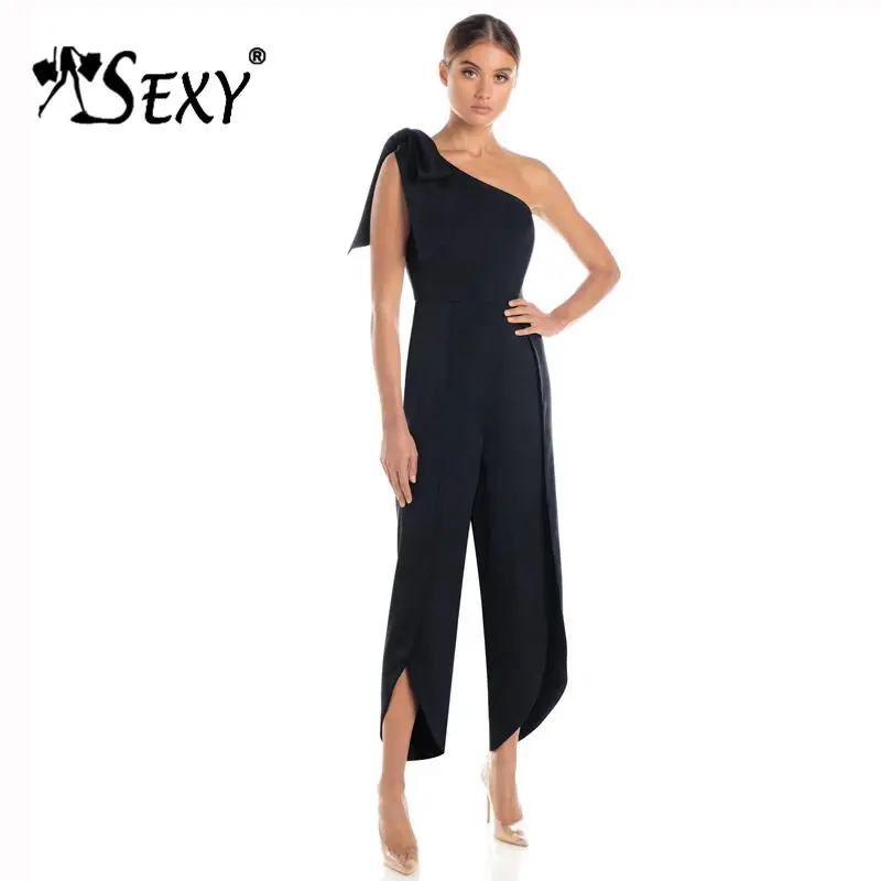 Gosexy 2019 New One Shoulder Bow Knot Detailing Sleeves Straight Pants Wrapped Double Slit Fashion Women Jumpsuit Black | Женская одежда