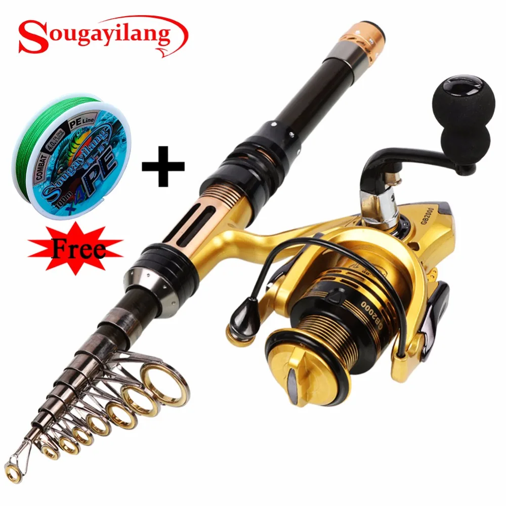 Image Sougayilang 1.3 2.4M Telescopic Carbon Fishing Rod and Fishing Reel Mini Spinning Fishing Rod Combos Free Braided Fishing line