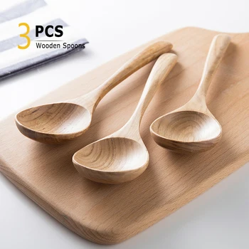 

3Pcs Large Wooden Spoons Long Handled Big Soup Spoon Ladle Wood Dinning Spoon Set Tablespoon Dinnerware Wood Kitchen Utensils