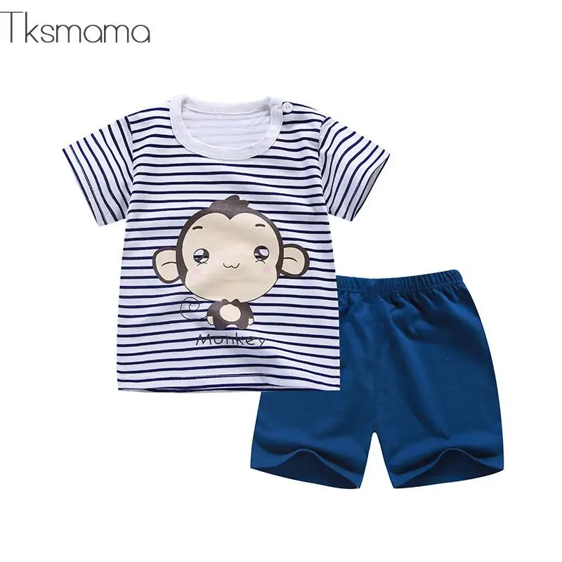 Летняя одежда для маленьких мальчиков футболка в полоску с рисунком обезьяны +