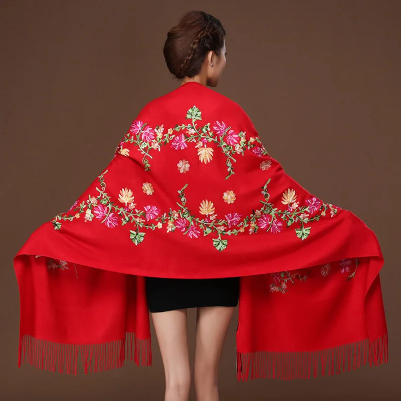 Черный кашемировый шарф Пашмина с вышитыми цветами для женщин зимний теплый
