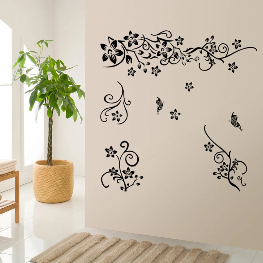 Горячая DIY Wall Art Наклейки украшения черный цветок стикер стены из винограда ТВ фон