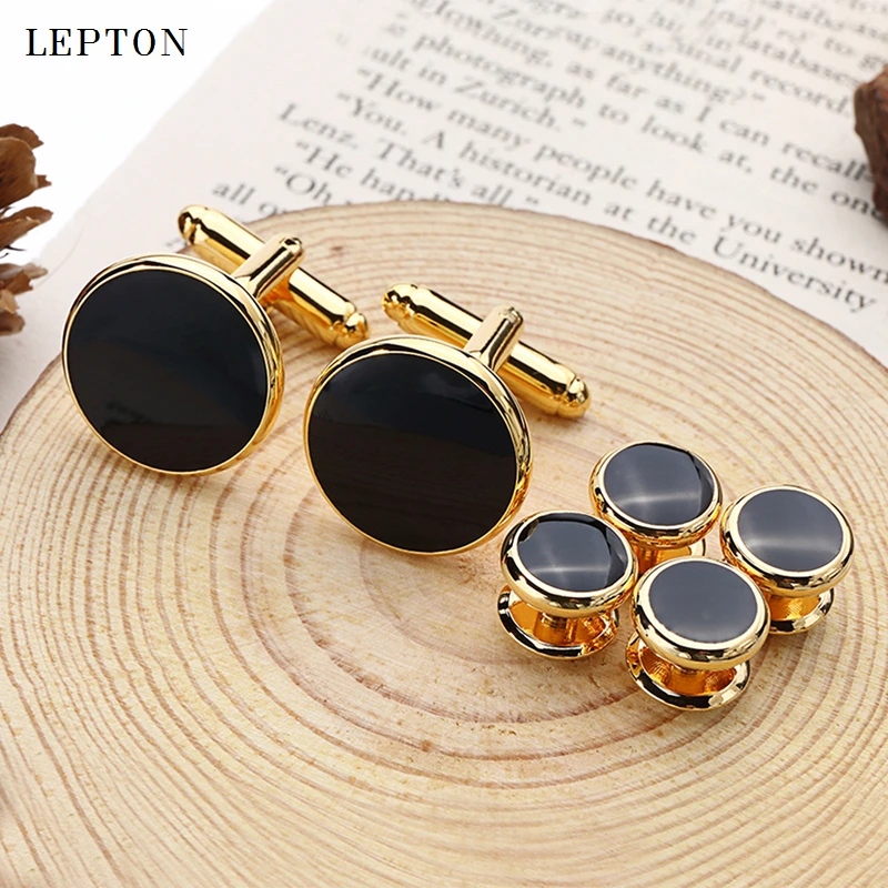 Hot Sale Black Enamel Round Cufflinks tuxedo studs Sets High Quality Gold Color Plated Mens Jewelry Business wedding cuff links
Hot Sale Black Enamel Round Cufflinks tuxedo studs Sets High Quality Gold Color Plated Mens Jewelry Business wedding cuff links