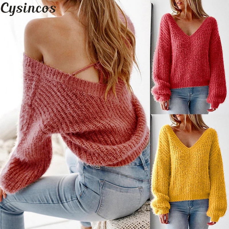 Cysincos 2019 Winter Backless Sexy Sweater Women Long Sleeve V Neck Loose Knitted Pullover Female Casual Knitwear Jumpers Tops
Cysincos 2019 Winter Backless Sexy Sweater Women Long Sleeve V Neck Loose Knitted Pullover Female Casual Knitwear Jumpers Tops