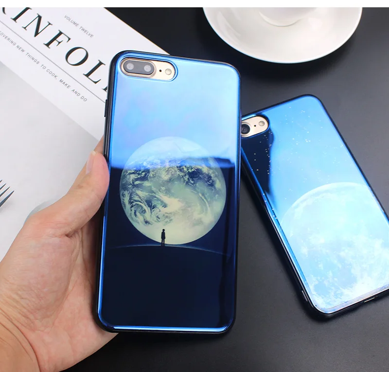 JAMULAR Electroplate Blue Light Soft Phone Cover for iPhone X 6 6s 7 8 Moon Planet Space Silicone Case for iPhone 6 6s 7 8 Plus 12