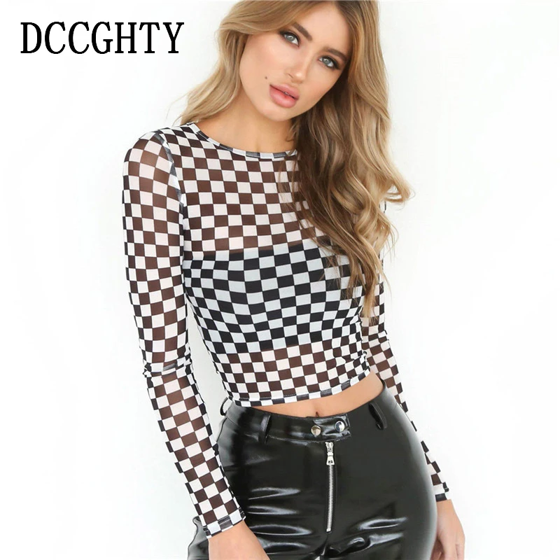 2019 New Black White Plaid T shirt Women Mesh Long Sleeve Tops Female Tees Highstreet Modern Casual Transparent Lady Tshirt
2019 New Black White Plaid T shirt Women Mesh Long Sleeve Tops Female Tees Highstreet Modern Casual Transparent Lady Tshirt