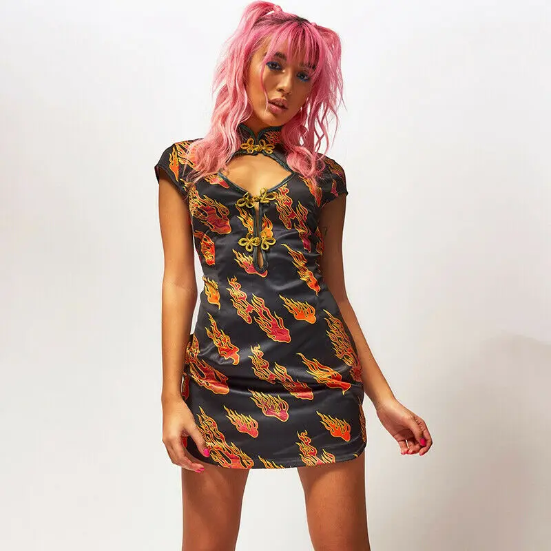 Vintage Qipao Style Sheongsam Women's Bandage Sheath Fire Print Bodycon Short Sleeve Front Hole Evening Party Club Mini Dress
Vintage Qipao Style Sheongsam Women's Bandage Sheath Fire Print Bodycon Short Sleeve Front Hole Evening Party Club Mini Dress