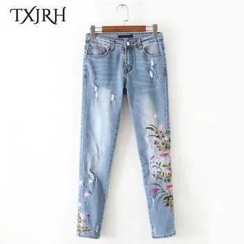 TXJRH Vintage Floral Pattern Embroidery Hole Washed Ripped Bleached Slim Demin Jeans Pencil Pants Pockets Ankle-Length Trousers
TXJRH Vintage Floral Pattern Embroidery Hole Washed Ripped Bleached Slim Demin Jeans Pencil Pants Pockets Ankle-Length Trousers