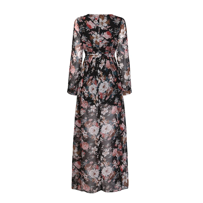 Plus Size Maxi Long Women Spring Summer Boho Beach Dress Loose Female Floral Print Chiffon Long Sleeve Casual Party Vestidos