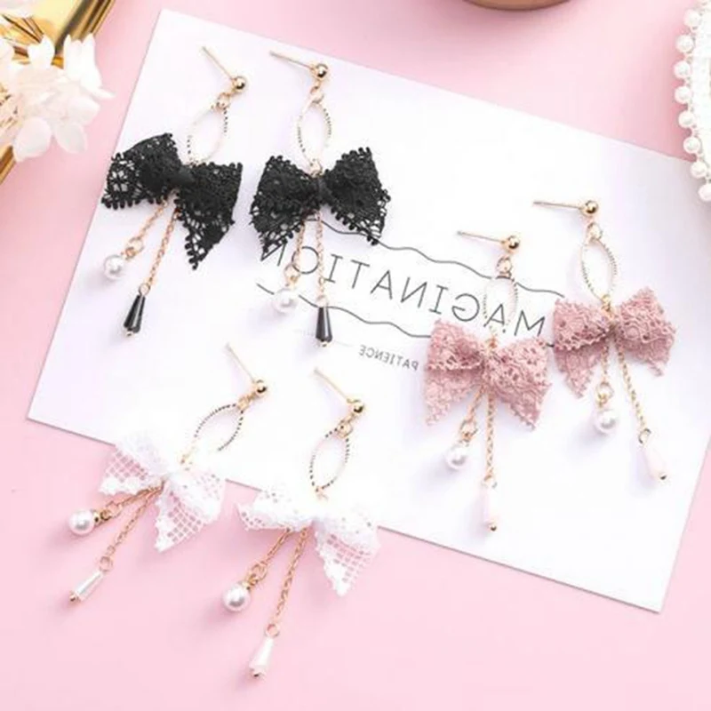 Fashion Sweet Cute Lace Bow-knot Tassel Pearl Earrings Jewelry Crystal Earring For Women Female | Украшения и аксессуары
