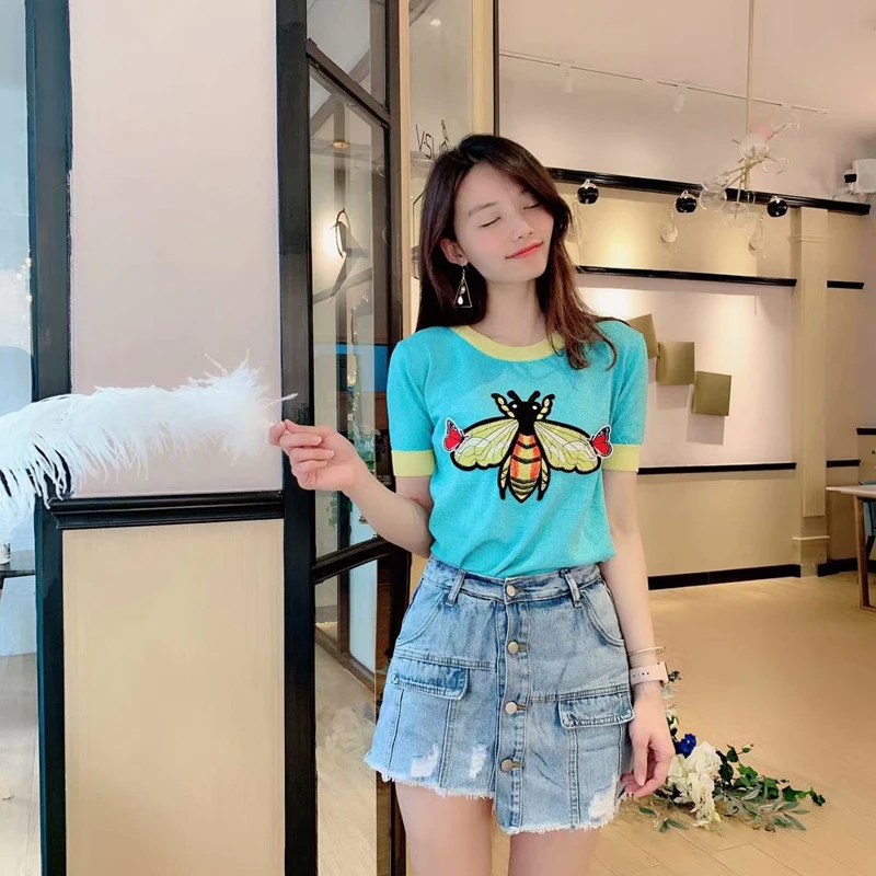 2019 New Summer Shiny Butterfly and Bee Embroidery Appliques Tee Cute Women Pullover Knit Lurex Runway Design Top Bling shein
2019 New Summer Shiny Butterfly and Bee Embroidery Appliques Tee Cute Women Pullover Knit Lurex Runway Design Top Bling shein