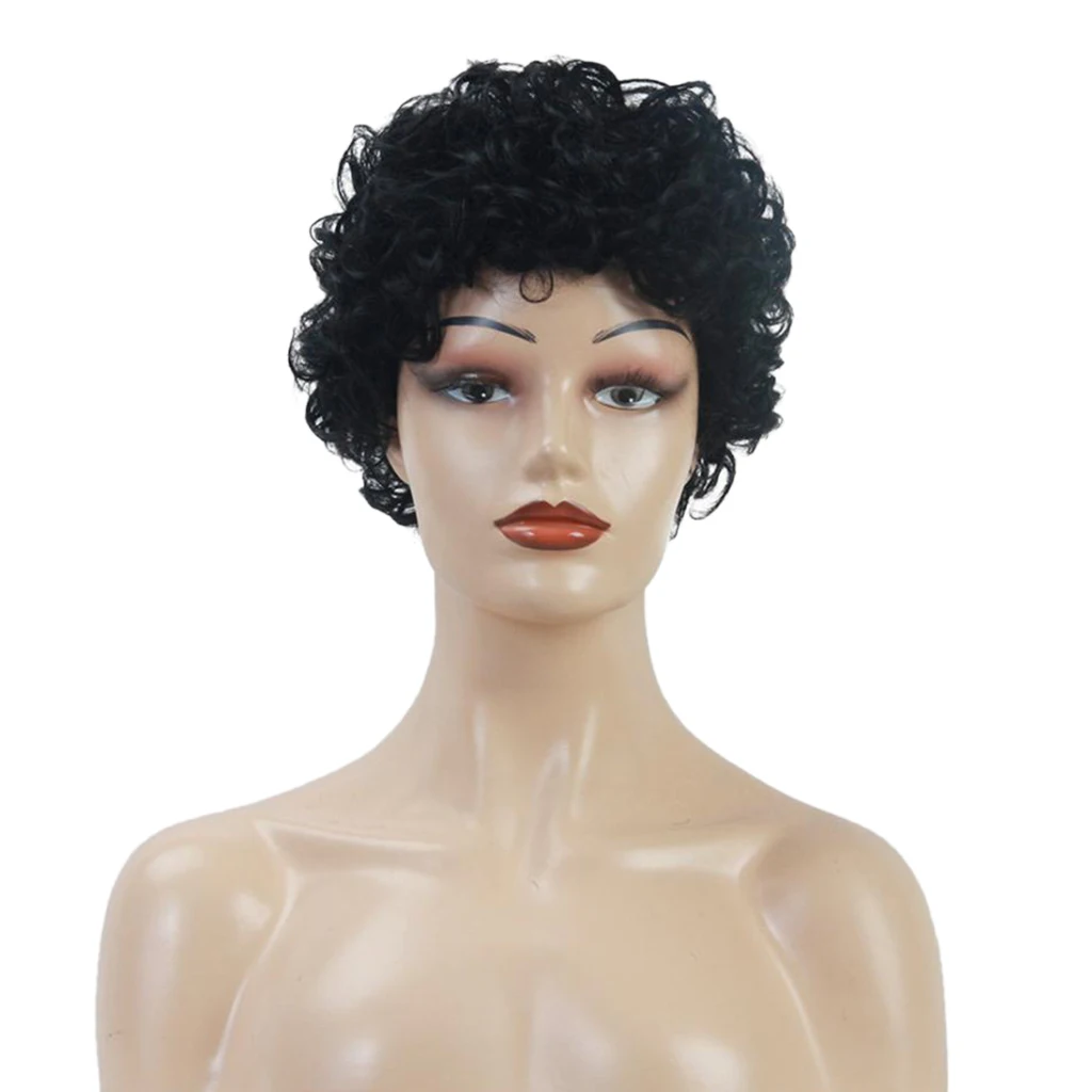 

Women Short Curly Straight Wig Pixie Cute Cut Real Human Hair Wig with Neat Bangs Natural Looking Black 6inch