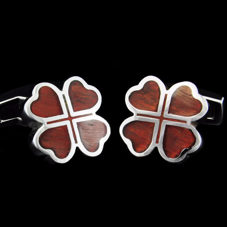 

SPARTA Stainless steel + Mahogany Cuffliks Four-Leaf Clover men's Cuff Links + Free Shipping !!! metal buttons