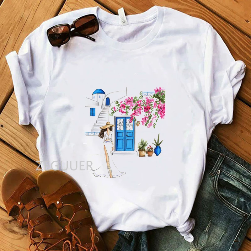 Flower Lady Santorini in Bloom T-Shirt Summer Women White TShirt Vogue Pure Cotton Soft O-Neck Tees Casual Streetwear Tops
Flower Lady Santorini in Bloom T-Shirt Summer Women White TShirt Vogue Pure Cotton Soft O-Neck Tees Casual Streetwear Tops
