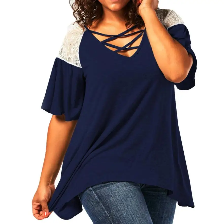 Casual Womens Plus Size Curve Appeal Lace Splicing Tops Cotton V-Neck Half Of Sleeve Women's Summer Plus Size T-shirts#50210
Casual Womens Plus Size Curve Appeal Lace Splicing Tops Cotton V-Neck Half Of Sleeve Women's Summer Plus Size T-shirts#50210