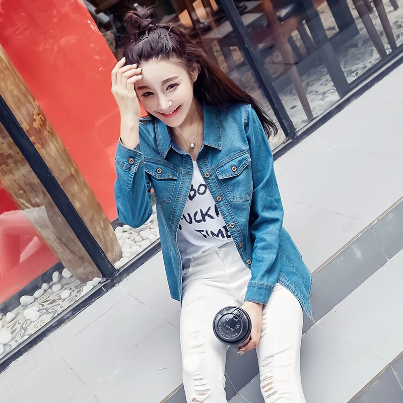 Джинсовая рубашка Женская 2019 с длинным рукавом Тонкая Повседневная винтажная
