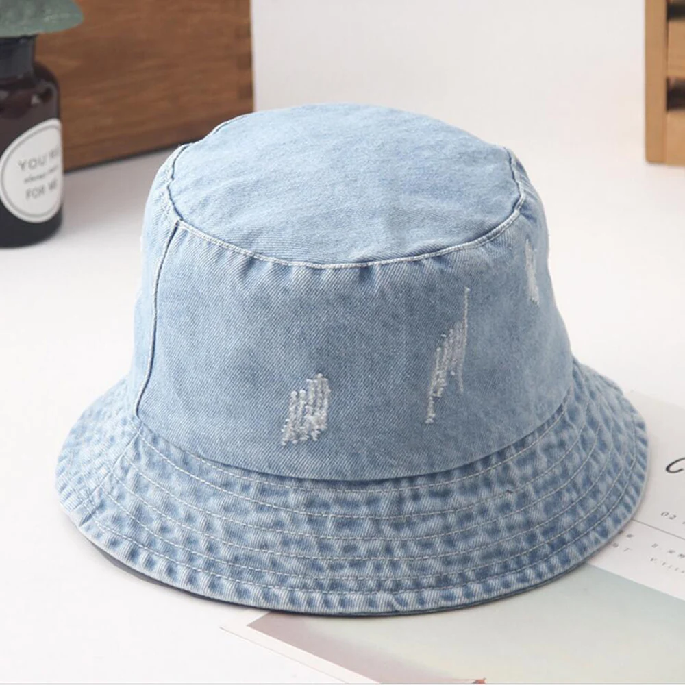 

Washed hole Denim Sun Hat Women Fashion Tassel Floppy Cap Ladies Wide Brim Beach summer Bucket Hats Cotton foldable Chapeu