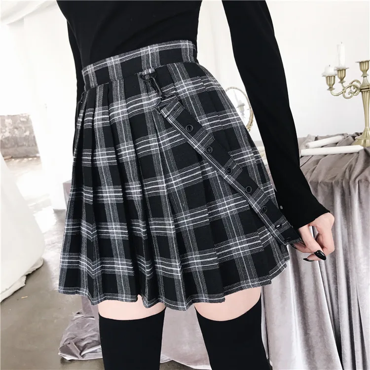2018 Autumn Winter Harajuku Gothic Black Gray Plaid Skirts Shorts Women'S Pleated Skirt Short Punk Girl'S | Женская одежда