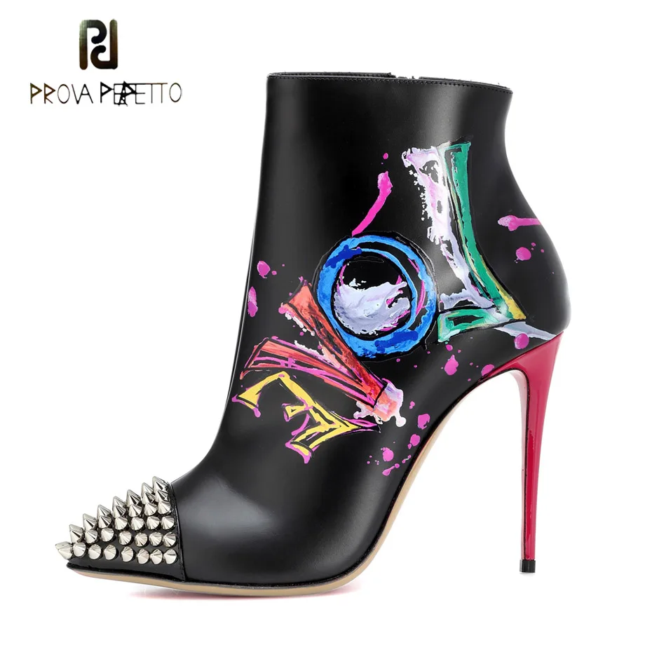 Prova Perfetto graffiti real leather ankle boots women chelsea boots spike rivet stud pointed toe stiletto heels sexy lady shoes