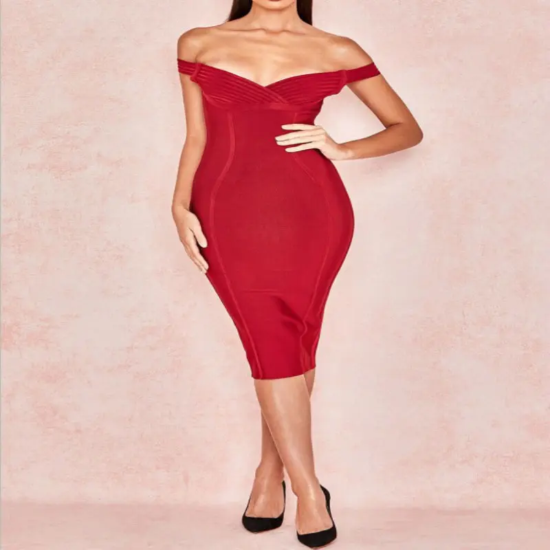 

Newest Style Women Rayon Bandage Dresses Red Pencil Elegant Sexy Evening Club Party Dress Vestido V-Neck Hollow Out Summer Dress