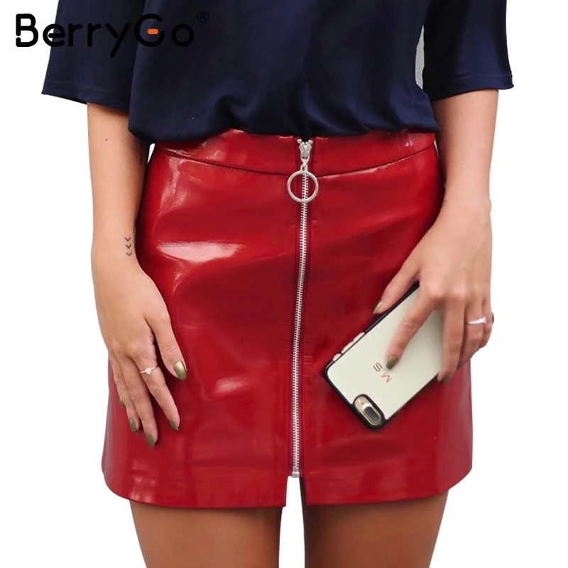 Image BerryGo Sexy faux leather red pencil skirt Summer casual streetwear short skirt Women party club zipper mini bodycon skirt