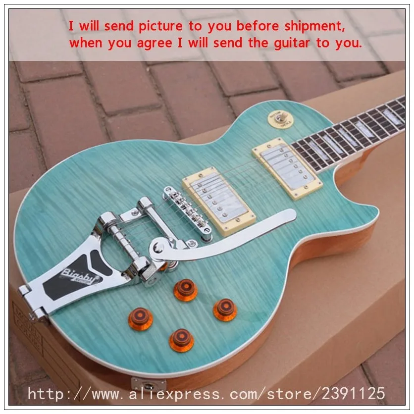 New Brand  Seafoam Green color Flame maple top with bigsby guitar Deluxe completed musical instruments Chinese electric guitar 
New Brand  Seafoam Green color Flame maple top with bigsby guitar Deluxe completed musical instruments Chinese electric guitar