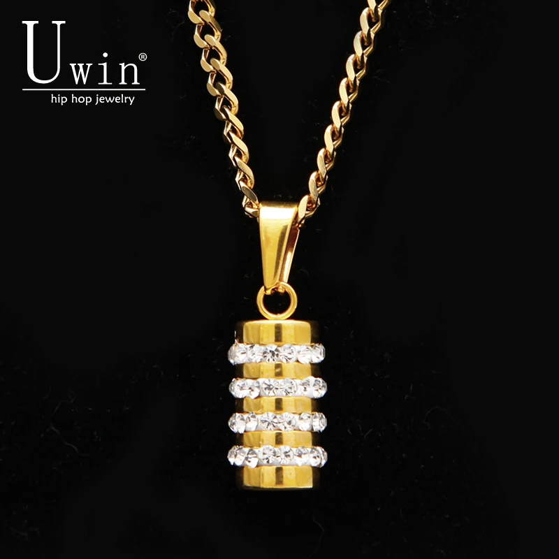 UWIN Hip Hop Stainless Steel Bullet Pendant Rhinestone Iced Out Bling Cylinder Men Women Charms Fashion Jewelry | Украшения и