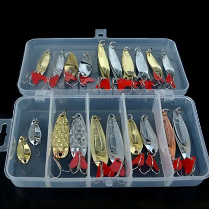 20pcs Gold silver Fishing Lures Spoon Bait Metal Lure Kit iscas artificias Hard Bait Fresh Water Bass Pike Bait Fishing
20pcs Gold silver Fishing Lures Spoon Bait Metal Lure Kit iscas artificias Hard Bait Fresh Water Bass Pike Bait Fishing