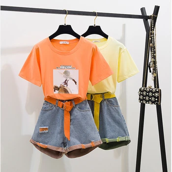 2019 Summer Fashion neon Twinset Women Patchwork Strap Short Sleeve Cotton T-Shirt + Hole Short Jeans Set 2PCS Clothing Set
2019 Summer Fashion neon Twinset Women Patchwork Strap Short Sleeve Cotton T-Shirt + Hole Short Jeans Set 2PCS Clothing Set