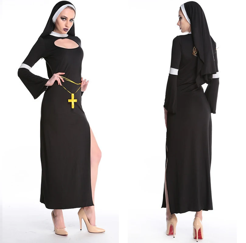 

Virgin Mary Nuns Costumes For Women Sexy Long Black Nuns Costume Arabic Religion Monk Ghost Uniform Halloween Cosplay