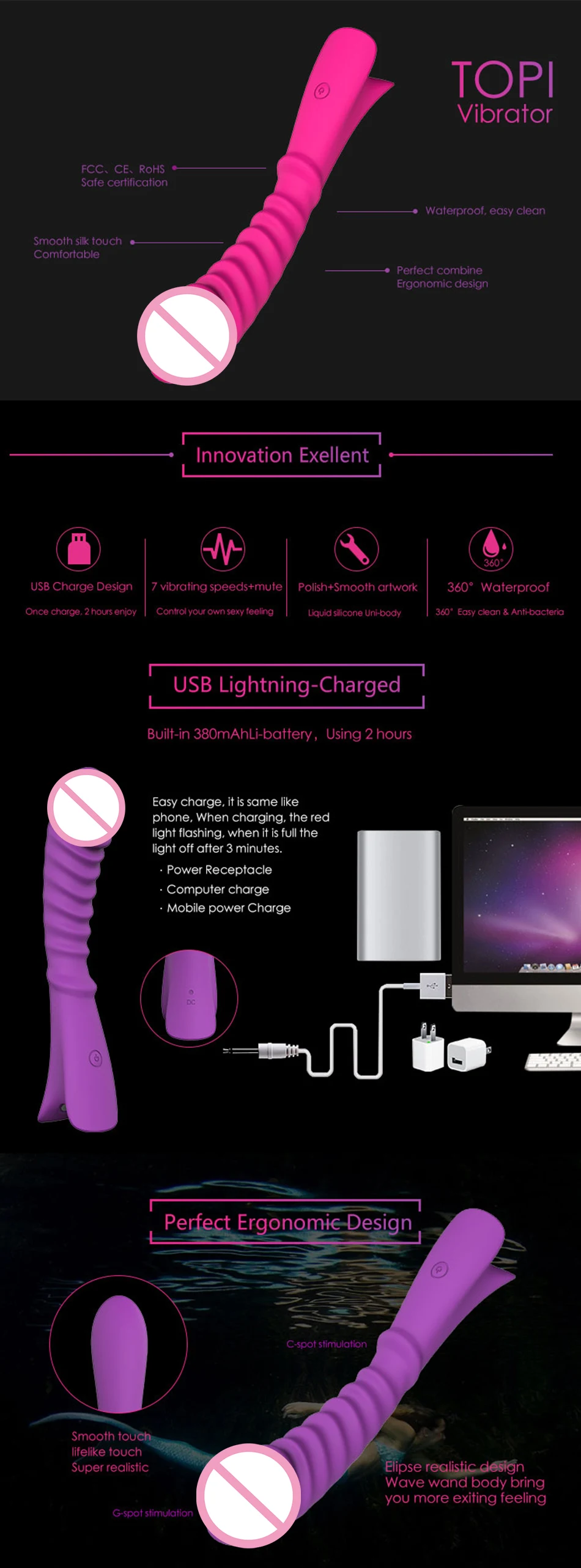 Au Reve Silicone Vibrator USB Charging 7 Speed Vibration Vibrating Realistic Dildo End Adult Sex Toy for Women Couple 3