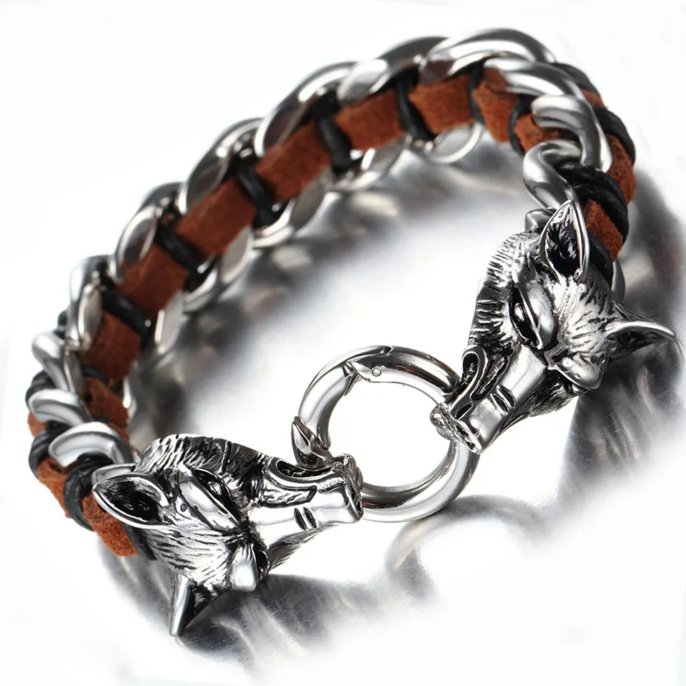 16mm Hotsale 316L Stainless Steel Silver Double Wolf Head Black Brown Leather Wristband Men's Bracelet Bangle Punk Jewelry 8.66"
16mm Hotsale 316L Stainless Steel Silver Double Wolf Head Black Brown Leather Wristband Men's Bracelet Bangle Punk Jewelry 8.66"