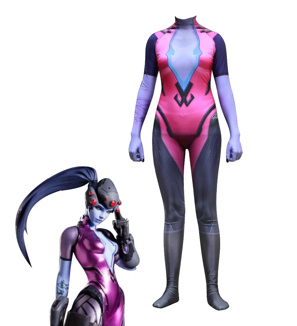 Хэллоуин святых всех Overwatch Widowmaker Косплей зентай комбинезон костюм для