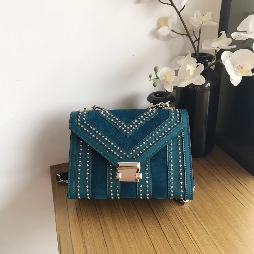 

Kafunila 2018 women genuine leather handbags high quality famous brand designer luxury rivet chain crossbody messenger bag bolsa