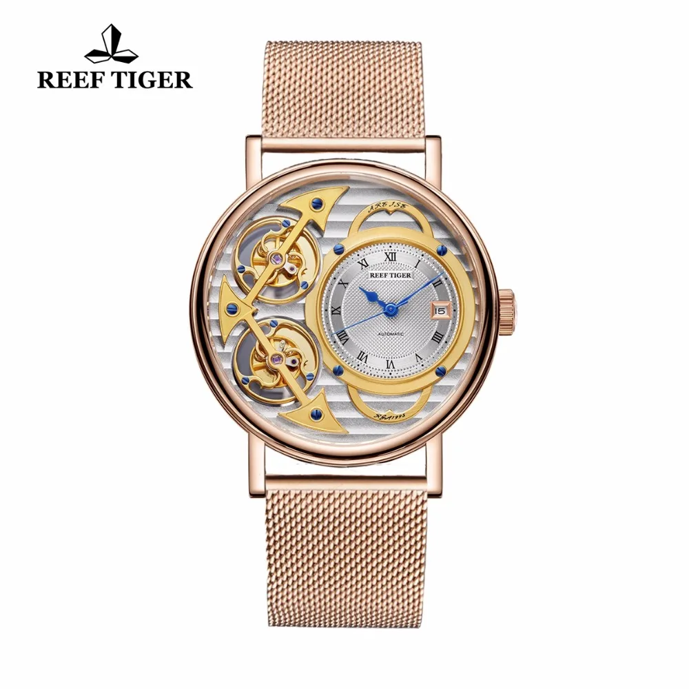 Риф Тигр дизайнерские модные часы Скелет розовое золото двойной турбийон для
