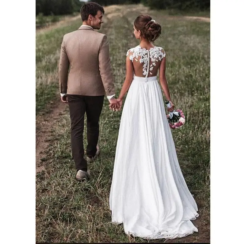 SoDigne-playa-Apliques-de-encaje-vestido-de-novia-nuevo-Cap-Mangas-hendidura-lateral-botones-Blanco-Marfil (2)