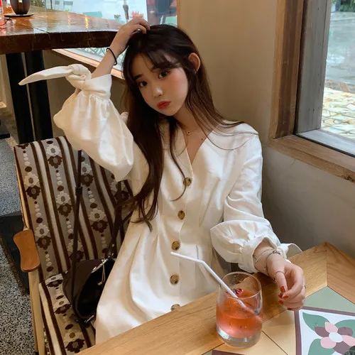 Korean Style Women Dress A-line Puff Sleeve V-neck Vestido Knee-length Single Breasted Womens Dresses Casual And Fashion
Korean Style Women Dress A-line Puff Sleeve V-neck Vestido Knee-length Single Breasted Womens Dresses Casual And Fashion
