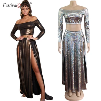 Fashion Laser Holographic Two Piece Set Women Slash Neck Long Sleeve Crop Top Side Slits Long Skirts 2 Piece Outfits Streetwear
Fashion Laser Holographic Two Piece Set Women Slash Neck Long Sleeve Crop Top Side Slits Long Skirts 2 Piece Outfits Streetwear