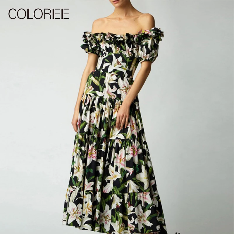 COLOREE Vintage Runway Designer Chic White Lily Printed Midi Dress 2019 Summer Slash Neck Ruffles Elegant Party Dress
COLOREE Vintage Runway Designer Chic White Lily Printed Midi Dress 2019 Summer Slash Neck Ruffles Elegant Party Dress