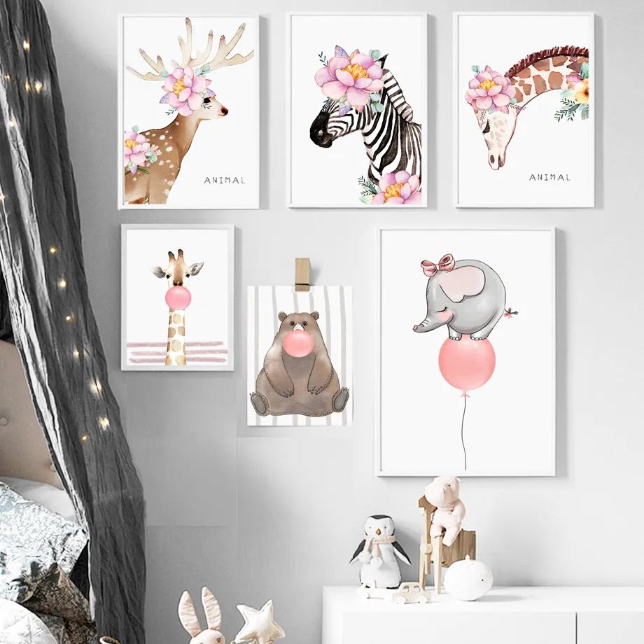 

Animals Flowers Baby Room Decor Giraffe Wall Art Canvas Painting Deer Nordic Poster Wall Pictures For Living Room Elk Unframed